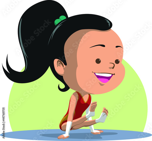 Super deformed character in a funny vector illustration of a gymnastic woman.
