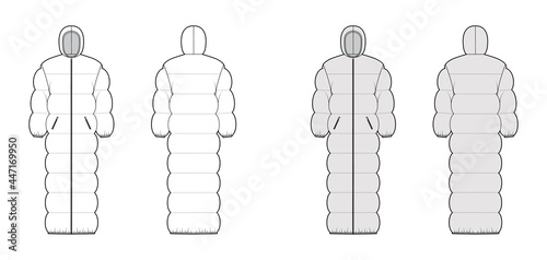 Hooded puffer quilted shell down coat jacket technical fashion illustration with long sleeves, zip-up closure, oversized. Flat template front, back, white, grey color. Women, men unisex top CAD mockup