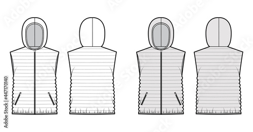 Down vest puffer waistcoat technical fashion illustration with sleeveless, hoody collar, hip length, narrow quilting. Flat template front, back, white, grey color style. Women, men, unisex CAD mockup