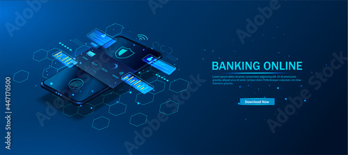 An application for online banking. Mobile phone payment with NFC technology and a high level of payment security. Protect the purchase of wireless payment via smartphone. digital payment technologies.