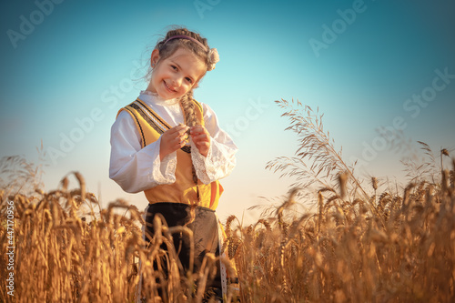 Young girl with traditional Bulgarian folklore costume at the agricultural wheat field during harvest time with industrial combine machine