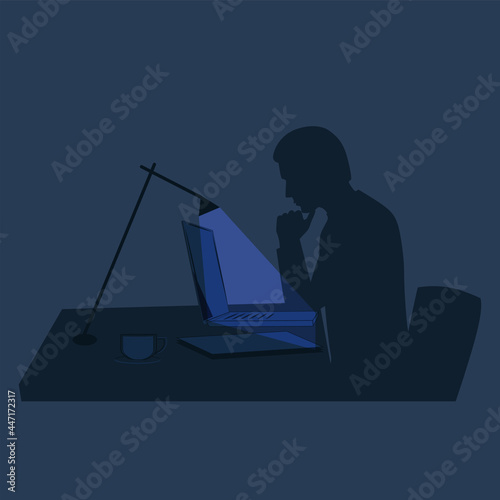 Working at the computer at night, male image, laptop, table lamp - vector. Doom scroll. Internet addiction.