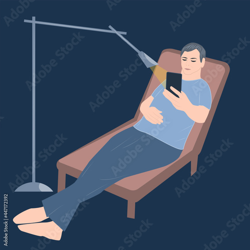 A man sits in a chair, watches the news on a tablet. Night floor lamp - vector. Doom scroll. Internet addiction.
