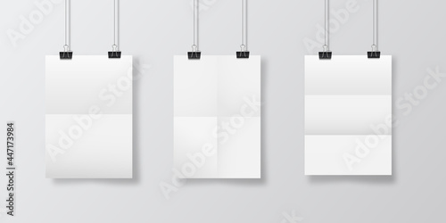 Abstract poster design with hanging folded papers. Hanging A4 paper poster mockup.