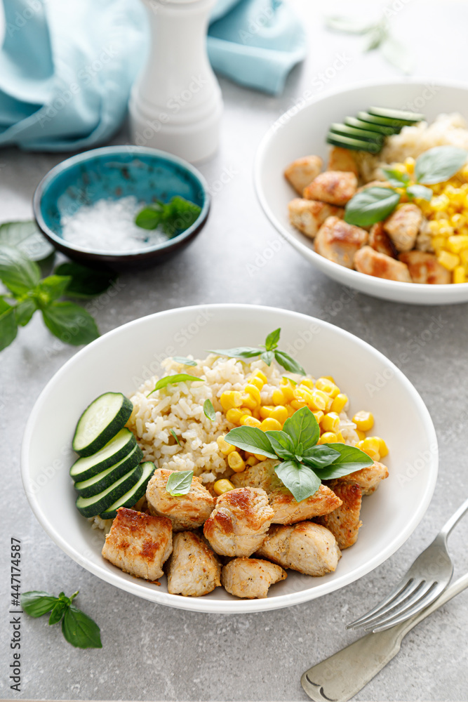 Fried turkey breast and rice with vegetables