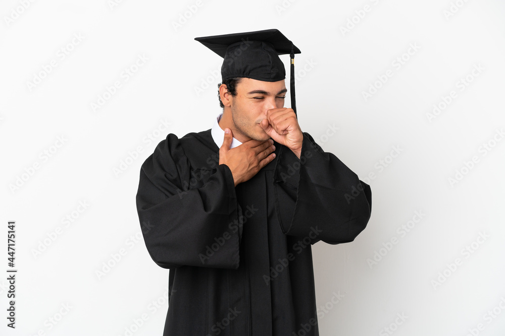 Young university graduate over isolated white background is suffering with cough and feeling bad Young university graduate over isolated white background is suffering with cough and feeling bad