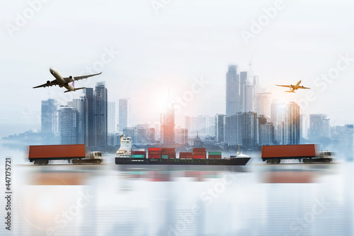 Obraz na płótnie The world logistics background or transportation Industry or shipping business, Container Cargo shipment , truck delivery, airplane , import export Concept w salonie