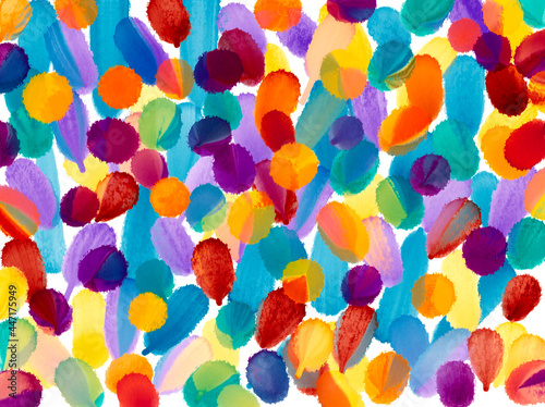 Watercolor imitation hand drawn polka dot background. Bright abstract brush strokes circled gradient design with multicolored stains on white background