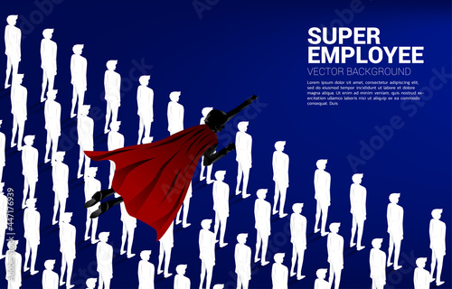 Silhouette of superhero flying over group of people. Concept of boost and growth in business.