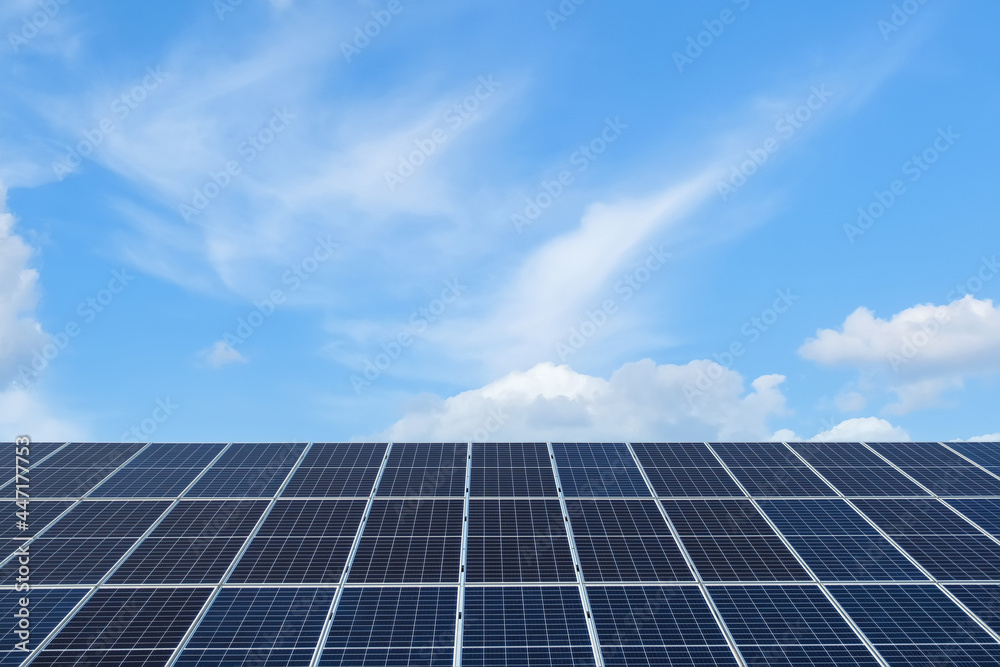 Row of solar panels on a solar farm under a blue sky. Row of solar panels on a solar farm under a blue sky.