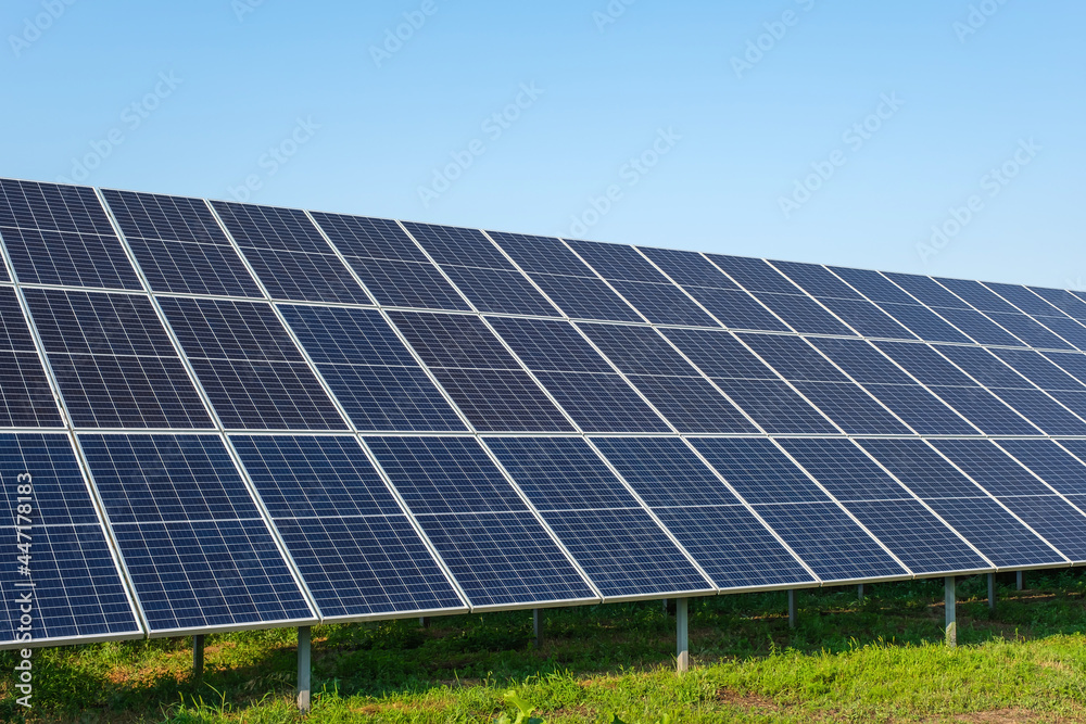 Row of solar panels on a solar farm under a blue sky.