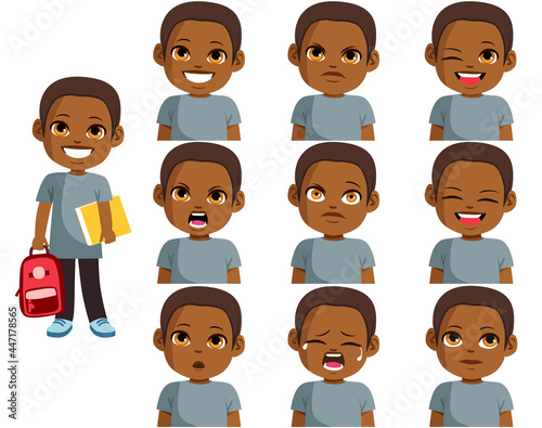 Happy young little black boy with schoolbag holding book with different emotions ready to back to school