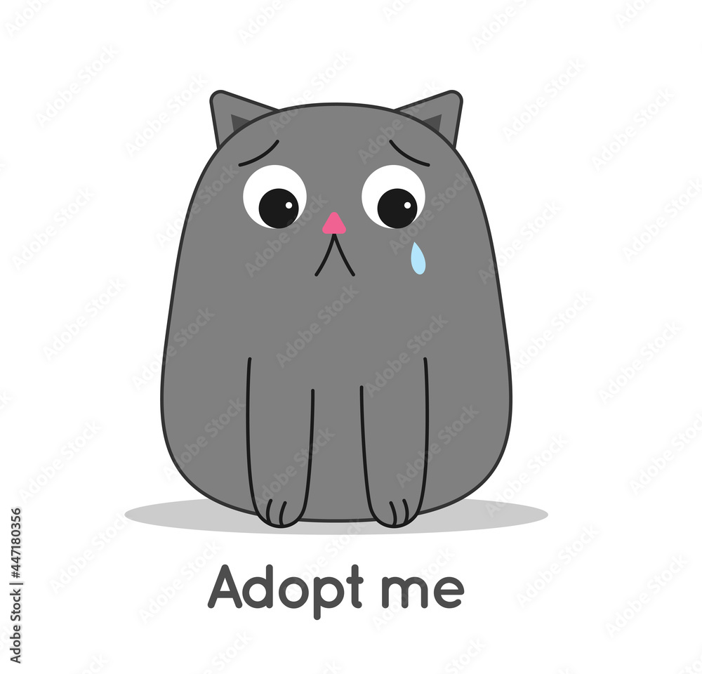 Cat thick gray little sad crying a big tear on the face, below the inscription Adopt me, isolated on white background. International Homeless Animals Day. Dont buy, adopt a pet. Vector illustration