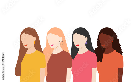 Girls of different nationalities stand together on an isolated white background. Poster, banner. Concept of female solidarity, friendship of peoples, struggle for equal rights and freedoms. Vector