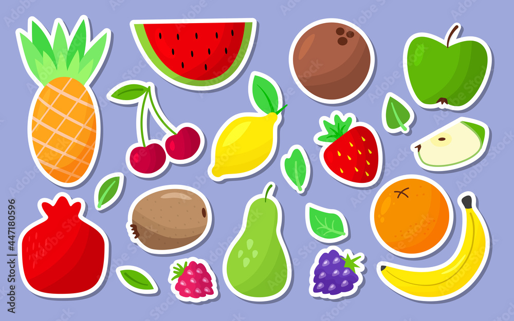 Fruit and berry cartoon sticker label icon set for design. Watermelon, strawberry, pear, kiwi, pineapple, blackberry, raspberry, lemon, pomegranate, coconut, apple slice and cherry orange banana Fruit and berry cartoon sticker label icon set for design. Watermelon, strawberry, pear, kiwi, pineapple, blackberry, raspberry, lemon, pomegranate, coconut, apple slice and cherry orange banana