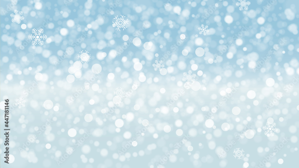 雪の結晶と玉ボケのある背景、キラキラした水色のグラデーション、アスペクト比16:9