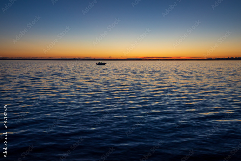 Sunset at Bellingham Bay, Washington. Cornwall Beach Park. Blue hour ocean view.