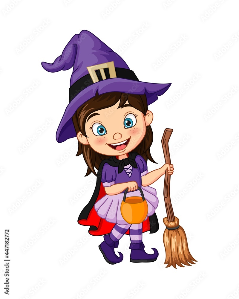 Cartoon little girl wearing halloween witch costume