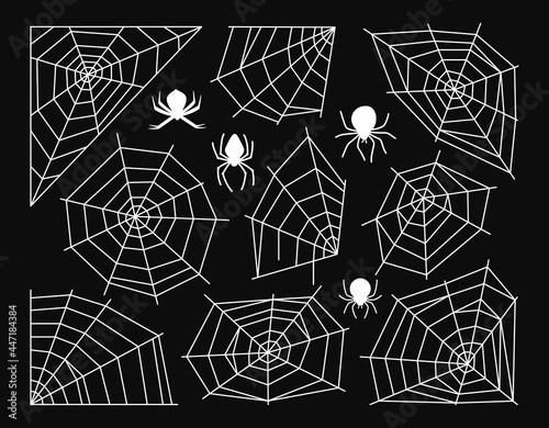 Cobweb and spider Halloween white abstract set. Scary spiders web dangerous venom flat collection. Hanging web decoration for creepy horror frame, design or tattoo. Scenery happy Halloween vector