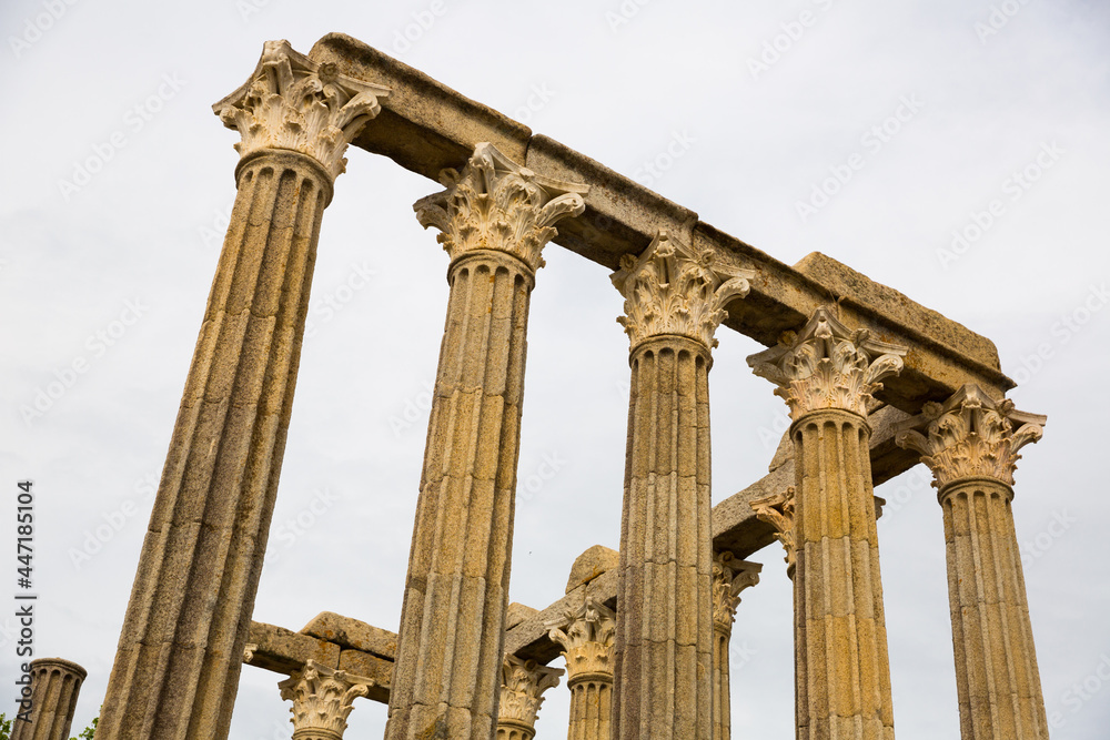 Bottom view of famous Roman temple of Evora, Portugal