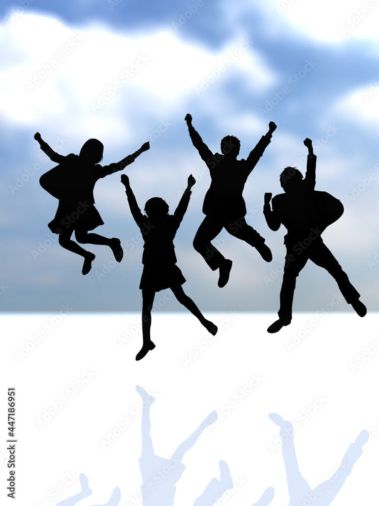 日本　ジャンプする4人の女男学生シルエット　黒　縦