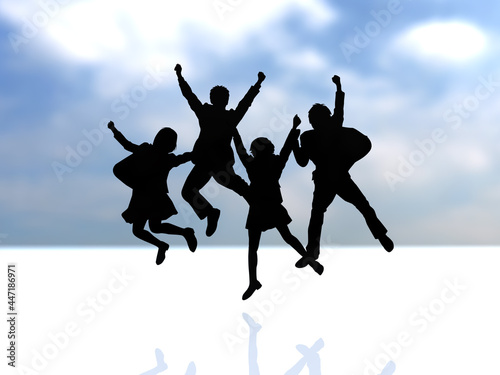 日本　ジャンプする4人の男女学生シルエット　黒　横