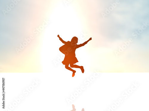 日本　ジャンプする女子学生シルエット1　カラフル　横 © desidesidesi