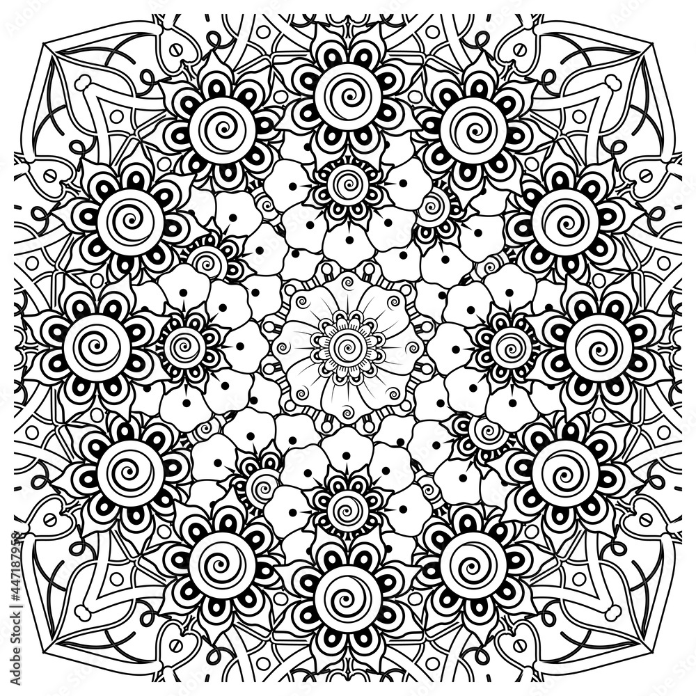 Mehndi flower for henna, mehndi, tattoo, decoration. decorative ornament in ethnic oriental style. doodle ornament. coloring book page. Mehndi flower for henna, mehndi, tattoo, decoration. decorative ornament in ethnic oriental style. doodle ornament. coloring book page.