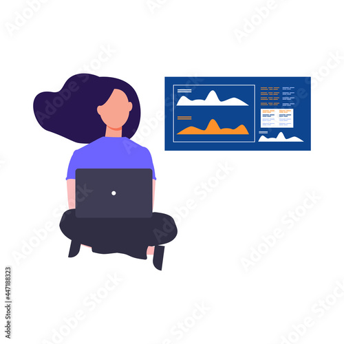 guard service woman sitting at control panel. vector illustration for security system worker, spying, supervision concept.