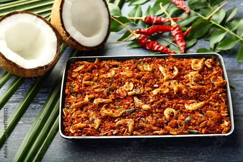 Chemmen chammanthi, chamanthi- dried prawns, shrimp chutney ,cooked with exotic spices and coconut.  photo