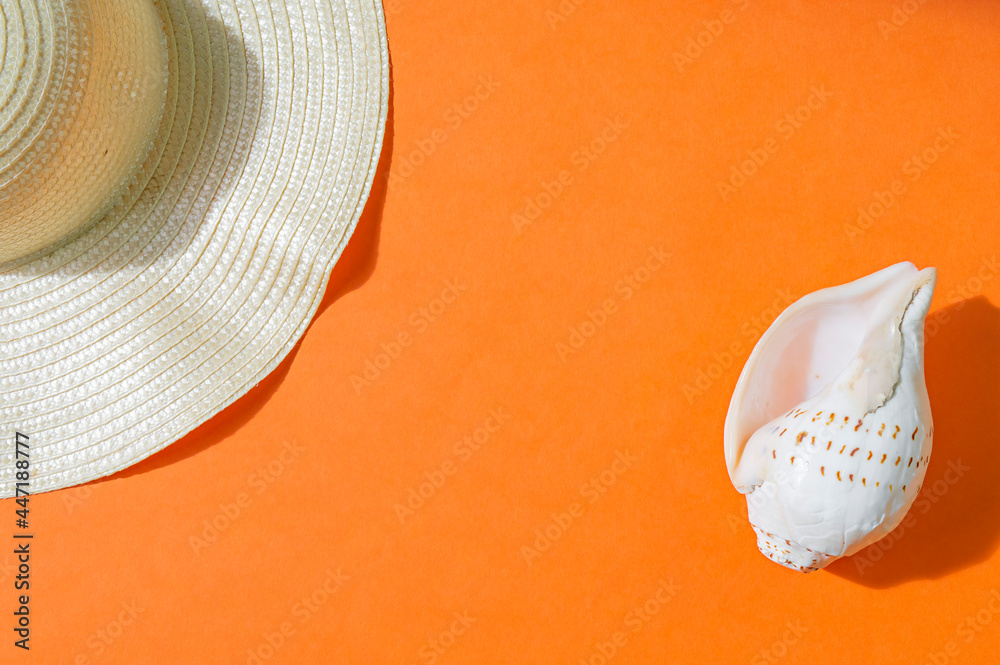 Fototapeta premium Beach accessories on orange background, copy space.