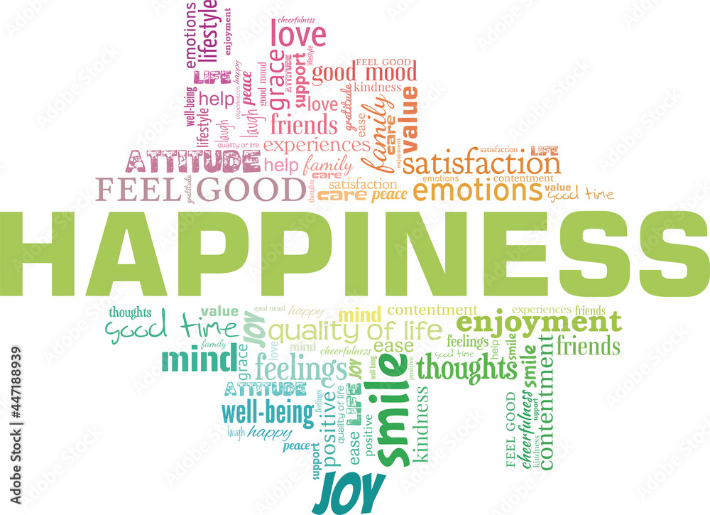 Happiness vector illustration word cloud isolated on a white background.