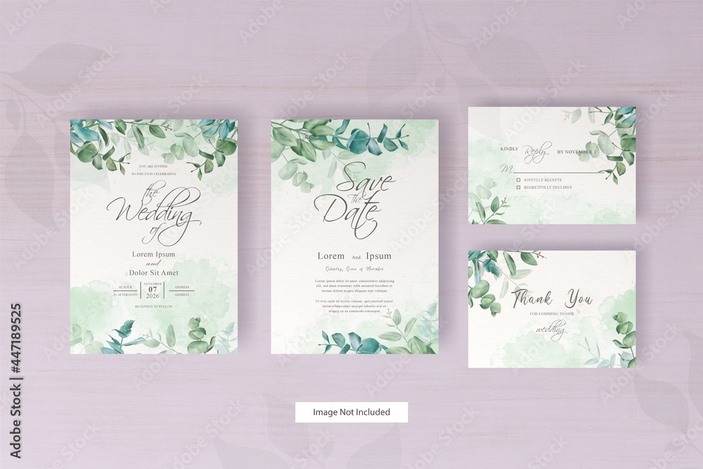 greenery wedding invitation card template with watercolor hand drawn eucalyptus