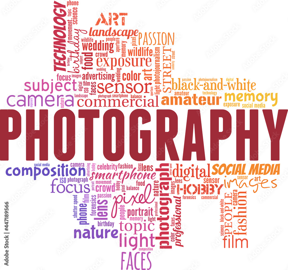 Photography vector illustration word cloud isolated on a white background.