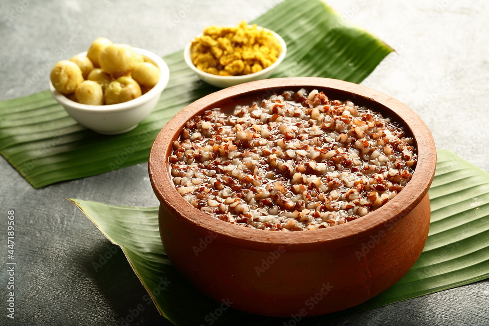 Healthy vegan diet meal- organic red rice with bran porridge - Indian traditional vegetarian foods. Healthy vegan diet meal- organic red rice with bran porridge - Indian traditional vegetarian foods.