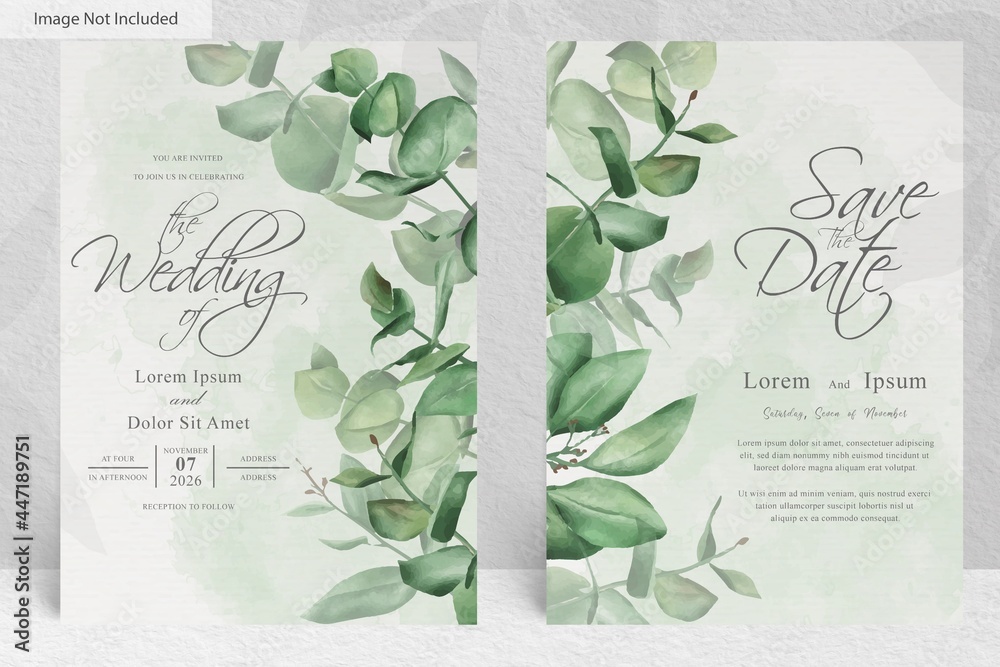 greenery wedding invitation card template with watercolor hand drawn eucalyptus - obrazy, fototapety, plakaty 