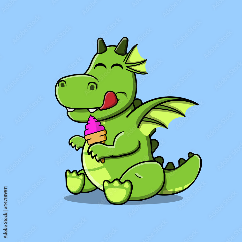 Fototapeta premium Dragon Cartoon Vector Eating Ice Cream.