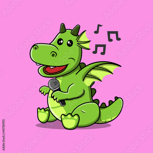 Dragon Cartoon Character Singing Holding Microphone With Musical Scale.
