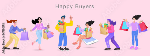 Happy buyers carrying shopping bags set of cartoon vector illustrations isolated on pink background. People on sale or in shopping mall. Advertising Banner, promo Poster. Vector illustration.