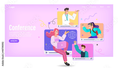 Online conference and virtual meeting concept. Landing page template with people on a video call for a webinar, e-learning, or remote work collaboration. Flat vector illustration for a web banner.