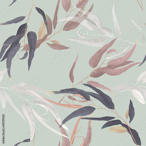 Foliage seamless pattern, various eucalyptus leaves on bright green