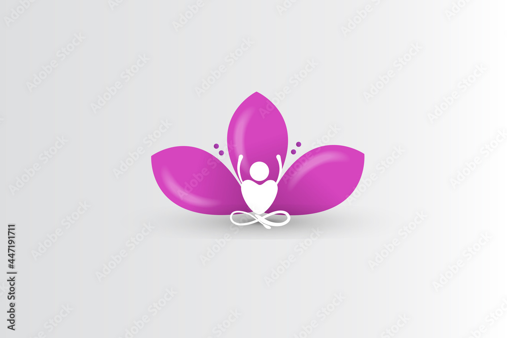 Logo yoga man sit in a pink lotus flower. Meditation or praying symbol concept icon vector image design