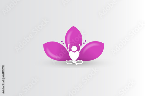 Logo yoga man sit in a pink lotus flower. Meditation or praying symbol concept icon vector image design
