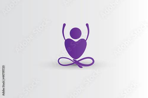 Logo yoga man love heart shape sit with hands up. Meditation or praying symbol concept icon vector image design 