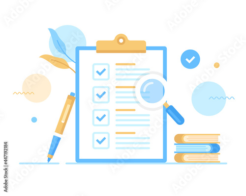 Checklist. Vector illustration. Clipboard and check list with check marks, pen, books and magnifying glass. Document, survey, agreement, report, form concepts