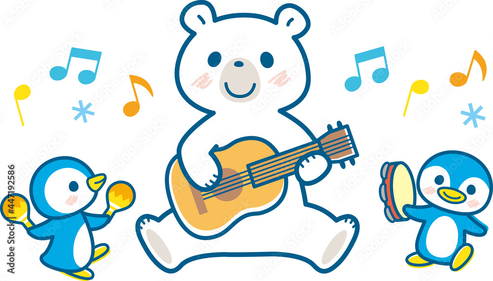 ギターを弾くシロクマとペンギンのイラスト ライン有りネイビー Stock Vector Adobe Stock