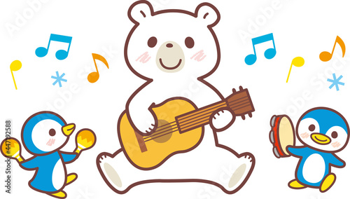 ギターを弾くシロクマとペンギンのイラスト_ライン有りブラウン