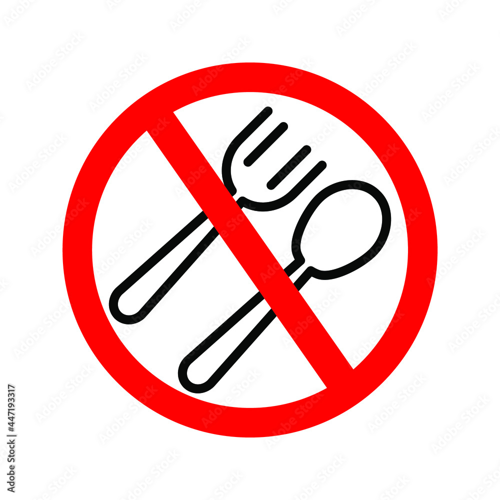vector illustration of single spoon and fork icon with red line prohibition. vector illustration of single spoon and fork icon with red line prohibition.