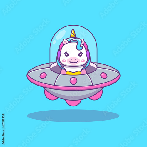 Cute kawai unicorn riding ufo cartoon illustration