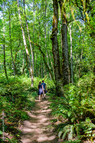 Married couple man and woman hike along the path in the wild forest